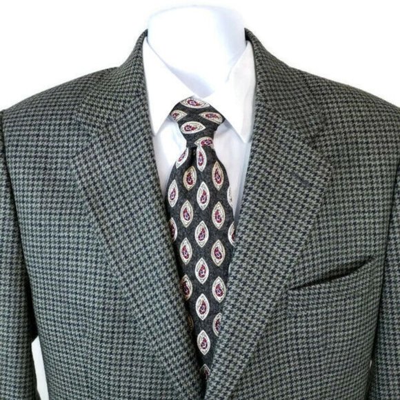 Vintage Chaps Ralph Lauren Mens Gray Hounds Tooth Check Pure Wool Blazer Men 42T - Picture 1 of 13
